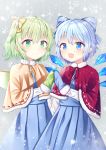  2girls :d alternate_costume blue_eyes blue_hair blue_mittens blue_vest capelet cirno commentary_request cowboy_shot daiyousei eyebrows_visible_through_hair fairy_wings fur-trimmed_capelet fur_trim green_eyes green_hair green_mittens grey_background hair_between_eyes hair_ribbon hands_together highres long_sleeves looking_at_viewer multiple_girls nibosisuzu open_mouth partial_commentary pink_capelet pleated_skirt red_capelet ribbon shirt short_hair side_ponytail skirt smile snowflake_background standing star starry_background touhou vest white_shirt wings 