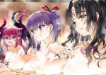  3girls asymmetrical_horns bangs bath bathing bb_(fate)_(all) bb_(fate/extra_ccc) black_hair blue_eyes blush breasts chest_tattoo dragon_girl dragon_tail elizabeth_bathory_(fate) elizabeth_bathory_(fate)_(all) facial_mark fate/extra fate/extra_ccc fate_(series) forehead_mark grin hair_between_eyes kou_mashiro large_breasts licking_lips long_hair multiple_girls onsen open_mouth parted_bangs partially_submerged pink_hair pointy_ears ponytail purple_eyes purple_hair purple_ribbon red_ribbon ribbon sesshouin_kiara small_breasts smile steam tail tattoo tongue tongue_out two_side_up water wavy_hair yellow_eyes 