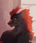  2019 anthro black_body black_fur black_nose digital_media_(artwork) dragon fur furred_dragon hair horn orange_eyes ravoilie red_hair 