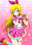  1girl absurdres argyle argyle_background bangs blonde_hair blue_eyes blush bow closed_mouth cosplay_request dokidoki!_precure floating_hair frilled_skirt frills hair_bow hairband heart heart_hands highres kneehighs leg_up long_hair looking_at_viewer miniskirt niita pink_background pink_neckwear pink_shirt pink_skirt plaid_neckwear pleated_skirt precure print_skirt red_bow red_footwear red_hairband regina_(dokidoki!_precure) shiny shiny_hair shirt short_sleeves skirt smile solo standing standing_on_one_leg thigh_strap twitter_username very_long_hair white_legwear wrist_cuffs 