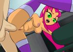  1boy 1girl anal ass atnog breasts dc dc_comics female green_eyes high_resolution huge_breasts male_focus nipples open_mouth penetration penis pink_hair sex starfire teen_titans teen_titans_go testicles tongue veins veiny_penis 