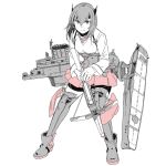  1girl anchor bangs boots bow_(weapon) crossbow flight_deck full_body hair_between_eyes headband headgear holding holding_weapon kantai_collection long_sleeves monochrome pleated_skirt red_skirt rigging short_hair simple_background skirt solo spot_color standing taihou_(kantai_collection) thighhighs weapon weidashming 