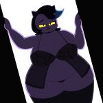  2019 absurd_res anthro belly big_breasts black_hair breasts catty_(undertale) clothing dr._chaos fangs felid feline female fur hair hi_res lingerie looking_at_viewer mammal open_mouth overweight overweight_female purple_body purple_fur solo undertale video_games yellow_eyes 