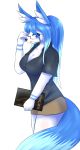  2017 anthro big_breasts black_clothing black_nose blue_body blue_ears blue_eyes blue_fur blue_hair blueshark book bottomwear breasts brown_clothing canid canine cleavage clothed clothing dress_shirt eyewear female fluffy fluffy_tail fox fully_clothed fur glasses hair holding_book holding_glasses holding_object inner_ear_fluff long_hair long_tail looking_at_viewer mammal multicolored_hair open_mouth ponytail portrait shirt simple_background skirt solo standing three-quarter_portrait topwear tuft two_tone_hair white_background white_body white_fur 