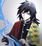  1boy aki_(neyuki41028) bangs black_hair black_jacket blue_eyes buttons closed_mouth collar collared_jacket haori jacket japanese_clothes kimetsu_no_yaiba long_hair looking_at_viewer low_ponytail male_focus simple_background solo sword tomioka_giyuu upper_body water waves weapon white_background 