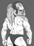  alien bottomwear butt clothed clothing fingers hi_res humanoid looking_at_viewer male mandibles monochrome mostly_nude muscular muscular_male nathanwilliamsak not_furry predator_(disambiguation) predator_(franchise) sharp_teeth simple_background solo standing teeth underwear yautja 