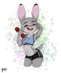  2019 abstract_background absurd_res anthro bottomwear breasts buckteeth clothing crop_top digital_media_(artwork) dipstick_ears disney exercise eyes_closed female foxialist fur grey_body grey_fur hi_res hotpants judy_hopps lagomorph leporid mammal midriff multicolored_ears navel open_mouth open_smile rabbit shirt shorts smile solo teeth tongue topwear weightlifting workout zootopia 