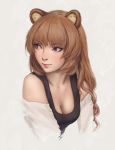  1girl animal_ears bangs breasts brown_hair cleavage cropped_torso eyebrows_visible_through_hair highres long_hair looking_to_the_side medium_breasts miura-n315 off_shoulder raccoon_ears raphtalia red_eyes smile solo tank_top tate_no_yuusha_no_nariagari white_background 