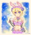  1girl animal_costume animal_ears artist_name bangs bare_shoulders black_gloves blonde_hair blue_background blue_bow blue_eyes bow braid breasts bunny_costume bunny_ears burafu cleavage closed_mouth commentary cropped_torso cup darjeeling elbow_gloves eyebrows_visible_through_hair fake_animal_ears flower frilled_hairband frills fur-trimmed_gloves fur-trimmed_shirt fur-trimmed_skirt fur_collar fur_trim girls_und_panzer gloves hair_flower hair_ornament hairband halloween halloween_costume holding holding_cup large_breasts light_particles looking_at_viewer purple_flower purple_hairband purple_rose purple_shirt purple_skirt rose shirt short_hair skirt smile solo sparkle standing strapless teacup tied_hair tubetop twin_braids 
