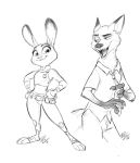  2016 anthro bonkalore_(artist) bottomwear canid canine cheek_tuft clothed clothing dipstick_ears disney duo facial_tuft fangs fox fully_clothed hands_on_hips inner_ear_fluff judy_hopps lagomorph leporid looking_at_another mammal monochrome multicolored_ears neck_tuft necktie nick_wilde open_mouth open_smile pants police_uniform rabbit red_fox sharp_teeth shirt sketch smile standing teeth toeless_legwear topwear tuft uniform zootopia 