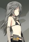 1girl alice_gear_aegis belt closed_mouth commentary_request elbow_gloves eyebrows_visible_through_hair flat_chest gloves grey_hair looking_at_viewer looking_to_the_side micro_bra navel shimada_fumikane shinonome_chie solo utility_belt yellow_eyes 