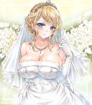  at_classics bare_shoulders blonde_hair blue_eyes breasts bridal_veil bride cleavage dress elbow_gloves gloves jewelry large_breasts necklace original ring sidelocks tiara veil wedding_band wedding_dress white_gloves 