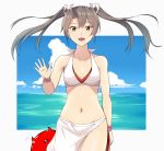  1girl :d bangs blue_sky bracelet breasts brown_hair cleavage cloud collarbone cowboy_shot eyebrows_visible_through_hair floating_hair green_eyes groin hair_between_eyes hair_ribbon halterneck highres jewelry kantai_collection long_hair looking_at_viewer medium_breasts navel ocean ohiya open_mouth outdoors ribbon sarong shiny shiny_hair sky smile solo standing twintails white_background white_bikini_top white_ribbon zuikaku_(kantai_collection) 