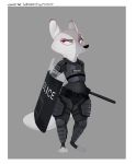  2018 absurd_res anthro armor black_nose body_armor border canid canine clothed clothing digital_media_(artwork) english_text fox foxialist fully_clothed fur grey_background hi_res holding_object light lighting mammal pink_eyes shield simple_background solo standing text toeless_legwear white_body white_border white_fur 