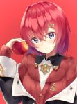  1girl ange_katrina apple bangs black_jacket blue_eyes blush closed_mouth collared_shirt eyebrows_visible_through_hair food fruit hair_between_eyes hair_intakes hair_ornament hairclip hand_up highres holding holding_food holding_fruit jacket lize_helesta long_sleeves looking_at_viewer nijisanji off_shoulder open_clothes open_jacket red_apple red_background red_hair red_jacket rupe_paperu shirt simple_background sleeves_past_wrists smile solo upper_body virtual_youtuber white_shirt 