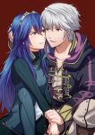  1boy 1girl ameno_(a_meno0) black_cloak blue_eyes blue_hair blush cloak collarbone commentary_request eye_contact eyebrows_visible_through_hair fire_emblem fire_emblem_awakening fire_emblem_heroes grima_(fire_emblem) hair_between_eyes hair_ornament hand_on_another&#039;s_head holding holding_another&#039;s_arm hood hood_down hooded_cloak long_hair looking_at_another lucina_(fire_emblem) open_clothes open_mouth red_background red_eyes robin_(fire_emblem) robin_(fire_emblem)_(male) short_hair simple_background sweatdrop teeth tiara white_hair 