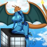  1:1 2019 anthro big_breasts blue_eyes blush bodysuit breasts building charizard clothed clothing cloud digital_media_(artwork) dragon female fingers hi_res horn leaning looking_at_viewer macro metroid mizukithia nintendo nipple_outline open_mouth outside pok&eacute;mon pok&eacute;mon_(species) rubber scalie simple_background skinsuit sky solo tight_clothing tongue tongue_out video_games wings zero_suit 