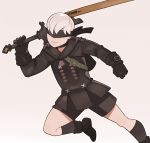  absurdres black_blindfold blindfold choker covered_eyes gloves highres nier_(series) nier_automata shorts splashbrush weapon white_hair yorha_no._2_type_b yorha_no._9_type_s 