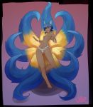  2018 9_tails accessory animal_humanoid blue_body blue_fur blue_hair breasts canid canid_humanoid canine canine_humanoid featureless_crotch female fox_humanoid fur hair hair_accessory hairclip humanoid looking_at_viewer magic mammal mammal_humanoid mostly_nude multi_tail navel nipples short_hair simple_background small_breasts smile solo ultrabondagefairy 