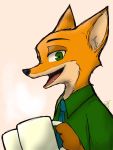  2019 anthro black_nose canid canine clothed clothing digital_media_(artwork) dipstick_ears disney fox fur holding_cup holding_object mammal marema_kishin multicolored_ears necktie nick_wilde open_mouth open_smile orange_body orange_fur red_fox shirt simple_background smile solo tan_background topwear zootopia 