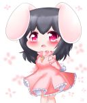  1girl alternate_hair_length alternate_hairstyle animal_ears arm_up black_hair blurry blurry_background blush bunny_ears bunny_tail carrot_necklace chibi commentary dress eyebrows_visible_through_hair feet_out_of_frame high_collar inaba_tewi long_sleeves looking_at_viewer medium_hair open_mouth patterned_background petticoat pink_dress red_eyes solo standing tail touhou white_background yairenko 
