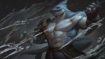  16:9 abs absurd_res anthro blue_eyes clothed clothing digital_media_(artwork) fish grin hi_res male marine muscular muscular_male nat10730 navel pecs scar shark smile solo teeth topless water weapon 