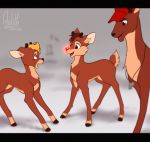  antlers blonde_hair brown_eyes brown_hair capreoline cervid clothing comet_(reindeer) fireball_(rudolph) freckles hair hat headgear headwear horn male mammal open_mouth p-aei red_nose reindeer rudolph_the_red_nosed_reindeer whistle 