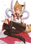  1girl animal_ear_fluff animal_ears bangs bare_shoulders black_choker black_legwear blonde_hair blush braid choker detached_sleeves dog_ears dog_tail erune eyebrows_visible_through_hair feet granblue_fantasy hair_ornament highres japanese_clothes looking_at_viewer no_shoes open_mouth panties panties_under_pantyhose pantyhose petals rope shimenawa short_hair simple_background sitting smile solo tail toes underwear vajra_(granblue_fantasy) white_background wide_sleeves yellow_eyes ziko 