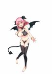  1girl :d absurdres bangs bare_arms bare_shoulders bikini black_bikini black_legwear blush bracelet breasts cleavage demon_girl demon_horns demon_tail demon_wings fang full_body halterneck highres horns jewelry large_breasts looking_at_viewer maoujou_no_chef navel official_art open_mouth pink_eyes pink_hair pointy_ears short_hair smile solo stomach swimsuit tail thighhighs toeless_legwear wings yamacchi 