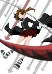  1girl absurdres arrow black_coat blurry_foreground brown_eyes brown_hair cosplay floating_hair full_body gloves highres holding holding_scythe long_hair long_sleeves maka_albarn maka_albarn_(cosplay) miniskirt necktie niita open_mouth plaid plaid_skirt pleated_skirt precure red_skirt sakagami_ayumi scythe skirt smile_precure! solo soul_eater striped striped_neckwear twintails white_gloves 