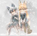  2girls alternate_costume animal_ears blush cold commentary_request cosplay eyebrows_visible_through_hair ezo_red_fox_(kemono_friends) fox_ears fox_girl fox_tail fur_collar gloves gradient gradient_legwear grey_legwear grey_wolf_(kemono_friends) grey_wolf_(kemono_friends)_(cosplay) highres jacket kemono_friends kolshica long_hair long_sleeves multicolored multicolored_clothes multicolored_hair multicolored_legwear multiple_girls necktie no_shoes orange_hair plaid plaid_neckwear plaid_skirt pleated_skirt silver_fox_(kemono_friends) silver_hair skirt sleeve_cuffs snow snowing tail thighhighs translation_request white_gloves white_hair white_legwear yellow_eyes 