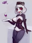  2018 anthro areola areola_slip beverage breasts clothing female giant_panda gloves grey_background hair handwear hat headgear headwear looking_at_viewer mammal nipples open_mouth red_eyes rubber simple_background solo ultrabondagefairy underwear ursid white_hair wine_glass 