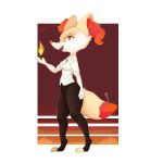  1:1 2019 absurd_res anthro border braixen cheek_tuft clothed clothing digital_media_(artwork) dipstick_tail facial_tuft fangs female fire foxialist fully_clothed fur hi_res inner_ear_fluff multicolored_tail nintendo open_mouth open_smile orange_body orange_eyes orange_fur pink_nose pok&eacute;mon pok&eacute;mon_(species) shirt simple_background slit_pupils smile solo standing stick tan_body tan_fur topwear tuft video_games white_body white_border white_fur 