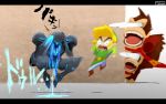  1boy belt blonde_hair bulging_eyes dark_samus diddy_kong donkey_kong dripping floating green_headwear green_tunic link metroid_prime_(creature) removing_helmet screaming shield slime super_smash_bros. surprised sword teke tentacles tongue tongue_out toon_link wall weapon 