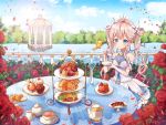  1girl bird blush bow braid breasts chair checkerboard_cookie cookie crown cup cupcake day dessert dress flower food fork hair_bow highres long_hair lp_(siston) outdoors petals plate railing sandwich sitting small_breasts smile spoon standing table tablecloth tea teacup teapot tiered_tray twintails very_long_hair water white_bow white_dress 