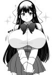  1girl absurdres black_hair blush bouncing_breasts braid breasts curvy goreijo_takashima_kiyono_wa_hisoka_ni_tashinamu greyscale hair_ribbon heart highres huge_breasts long_hair looking_at_viewer monochrome open_mouth perepere-kun ribbon school_uniform shiny shiny_hair shirt skirt sparkle sparkle_background takashima_kiyono tied_hair tight uniform white_shirt 