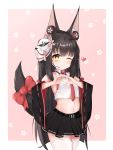  1girl ;) absurdres animal_ear_fluff animal_ears azur_lane bangs bare_shoulders belt belt_buckle black_belt black_hair black_skirt black_sleeves blush bow breasts buckle closed_mouth collarbone collared_shirt crop_top detached_sleeves eyebrows_visible_through_hair floral_background flower fox_ears fox_girl fox_mask fox_tail headset heart heart_hands highres long_hair long_sleeves mask mask_on_head midriff nagato-chan nagato_(azur_lane) navel necktie one_eye_closed pink_background pink_flower pleated_skirt red_bow red_neckwear ribbon-trimmed_sleeves ribbon_trim shirt skirt sleeveless sleeveless_shirt small_breasts smile solo sunglasses tail tail_bow tail_raised thighhighs two-tone_background very_long_hair white_background white_legwear white_shirt wide_sleeves yellow_eyes 