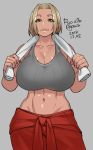  1girl abs agawa_ryou bra breasts brown_eyes brown_hair clothes_around_waist commentary dated english_commentary forehead grey_background grey_bra huge_breasts lips long_hair looking_at_viewer midriff navel original pants red_pants shiny shiny_skin signature solo sports_bra tan toned towel towel_around_neck underwear 