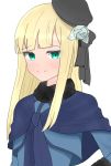  1girl atsumisu bangs beret black_headwear black_ribbon blonde_hair blue_dress blush closed_mouth dress eyebrows_visible_through_hair fate_(series) flower fur-trimmed_sleeves fur_collar fur_trim green_eyes hair_flower hair_ornament hat long_hair lord_el-melloi_ii_case_files reines_el-melloi_archisorte ribbon rose simple_background smile solo tilted_headwear upper_body white_background white_flower white_rose 