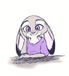  2018 arm_support clothed clothing digital_media_(artwork) dipstick_ears disney ears_down fur grey_body grey_fur judy_hopps lagomorph leaning_on_elbow leporid looking_at_viewer mammal marema_kishin multicolored_ears owo pivoted_ears purple_eyes rabbit shirt simple_background smile t-shirt topwear white_background zootopia 