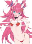  1girl anger_vein armor ass_visible_through_thighs bangs bare_arms bare_shoulders bikini bikini_armor black_choker blade_(galaxist) blue_eyes blush breasts choker commentary_request cowboy_shot elizabeth_bathory_(brave)_(fate) elizabeth_bathory_(fate)_(all) eyebrows_visible_through_hair fang fate/grand_order fate_(series) hair_between_eyes hair_ribbon hands_on_hips horns long_hair looking_at_viewer navel open_mouth pink_hair pointy_ears purple_ribbon red_bikini rei_no_sen ribbon simple_background small_breasts solo sweat swimsuit tears two_side_up very_long_hair white_background 