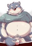  2015 anthro belly bhtoss blush canid canine canis clothed clothing domestic_dog humanoid_penis male mammal navel open_shirt overweight overweight_male penis pubes shirt solo topwear 