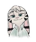  2018 ambiguous_gender anthro black_stripes clothing digital_media_(artwork) disney ear_marking ear_markings facial_markings fur grey_body grey_fur head_markings head_tuft jack_savage lagomorph leporid looking_at_viewer mammal marema_kishin markings pink_nose rabbit shirt simple_background smile solo stripes topwear tuft white_background zootopia 