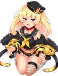  1girl :3 :d anchor_symbol azur_lane bache_(azur_lane) bangs bare_shoulders black_footwear black_headwear black_shirt blonde_hair blush choker collarbone commentary_request crop_top cutoffs eyebrows_visible_through_hair fang fishnet_legwear fishnets fur-trimmed_jacket fur_trim grey_legwear highres jacket long_sleeves loose_socks micro_shorts midriff navel neckerchief off_shoulder open_mouth purple_eyes red_choker sailor_collar sailor_shirt seiza shirt shoes shorts simple_background single_thighhigh sitting sleeveless sleeveless_shirt smile solo thighhighs thighs tokoya_(ex-hetare) two_side_up white_background yellow_jacket yellow_neckwear 