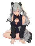  1girl :d absurdres animal_ears arknights bangs bare_shoulders black_dress black_hair blush breasts china_dress chinese_clothes cleavage cleavage_cutout covered_navel dress feater_(arknights) grey_hair hair_over_one_eye highres jacket jacket_pull large_breasts long_hair long_sleeves looking_at_viewer low_twintails multicolored_hair off_shoulder open_clothes open_jacket open_mouth panda_ears red_eyes side_slit simple_background sitting smile solo streaked_hair twintails white_background xiang_he_he_qunzi 