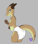  &lt;3 2019 5_fingers anthro clothing diaper eyelashes female fingers flat_chested furgonomics green_eyes hi_res kobold looking_at_viewer looking_back maynara mostly_nude scales scalie simple_background solo solo_focus spikes underwear 