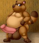  2019 animal_crossing anthro balls belly big_balls big_penis blue_eyes brown_body brown_fur canid canine erection fur humanoid_hands male mammal nintendo overweight overweight_male penis raccoon_dog solo tanuki thevillager tom_nook_(animal_crossing) video_games 