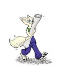  2018 ambiguous_gender anthro arctic_fox black_nose blue_eyes bottomwear canid canine clothed clothing disney fox fully_clothed fur holding_object inner_ear_fluff mammal marema_kishin pants pawpads shirt simple_background skye_(zootopia) smile solo tank_top topwear tuft walking white_background white_body white_fur zootopia 