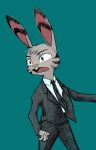  anthro black_stripes blue_background bottomwear buckteeth clothed clothing disney ear_markings facial_markings fully_clothed fur grey_body grey_fur head_markings head_tuft jack_savage lagomorph leporid mammal marema_kishin markings necktie open_mouth pants rabbit simple_background solo striped_body striped_fur stripes suit teeth tuft zootopia 