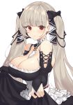 1girl azur_lane bangs bare_shoulders between_breasts black_bow black_dress blunt_bangs blush bow breasts choker cleavage corset curtsey dress eyebrows_visible_through_hair formidable_(azur_lane) frilled_dress frills grey_hair hair_bow hair_ribbon highres large_breasts long_hair long_sleeves looking_at_viewer red_eyes ribbon seon_(seonon_) solo twintails two-tone_dress two-tone_ribbon very_long_hair 